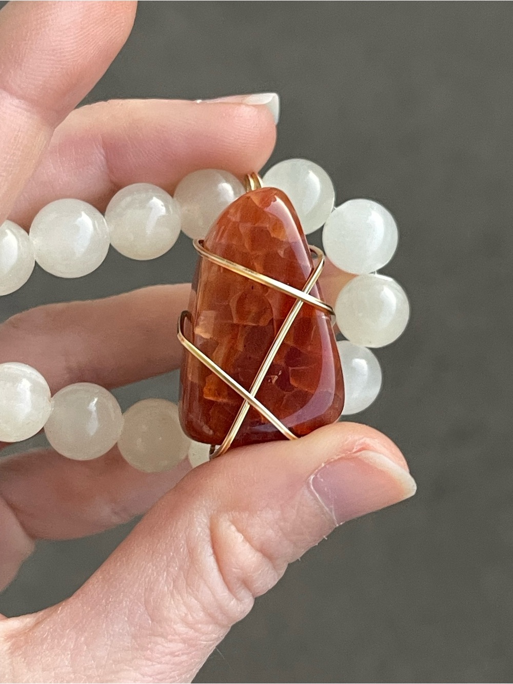 Carnelian Gold Wire Wrapped Pendant on White Quartz Beaded Chain